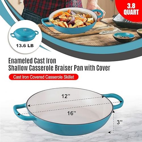  Enameled Cast Iron 2 Piece Gift Set, 3.8 Quart Braiser Pan with Lid, Rectangular Grill Pan Cookware Set, Marine Blue