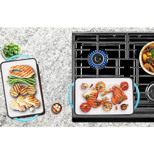  Enameled Cast Iron 2 Piece Gift Set, 3.8 Quart Braiser Pan with Lid, Rectangular Grill Pan Cookware Set, Marine Blue