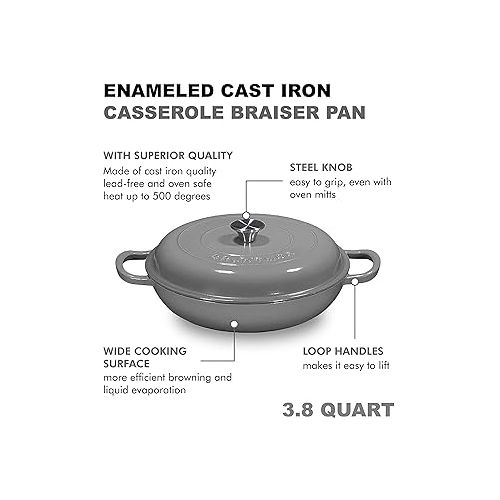  Bruntmor 3.8 Quart Enamel Cast Iron Dutch Oven With Handles And Lid, 3.8 Qt Grey Cast Iron Skillet, Enamel Shallow Cookware Braising Pan For Casserole Dish, Crock Pot Covered With Cast Iron