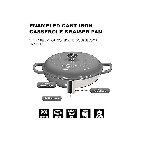  Bruntmor 3.8 Quart Enamel Cast Iron Dutch Oven With Handles And Lid, 3.8 Qt Grey Cast Iron Skillet, Enamel Shallow Cookware Braising Pan For Casserole Dish, Crock Pot Covered With Cast Iron