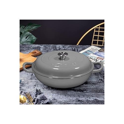  Bruntmor 3.8 Quart Enamel Cast Iron Dutch Oven With Handles And Lid, 3.8 Qt Grey Cast Iron Skillet, Enamel Shallow Cookware Braising Pan For Casserole Dish, Crock Pot Covered With Cast Iron