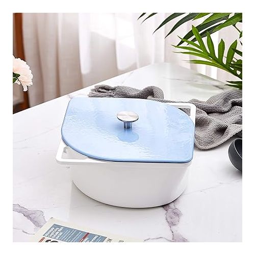  Bruntmor 5 Quart Cast Iron Enameled Dutch Oven - Modern Squoval Design - Nonstick Seasoned Pot with Stainless Steel Knob - Ideal for Dinner - White with Blue Lid