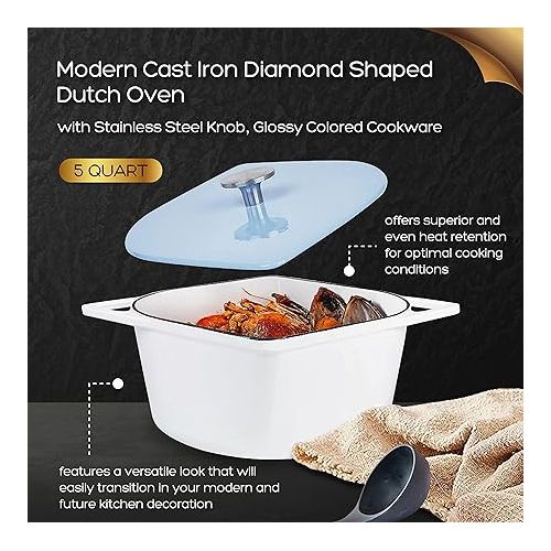  Bruntmor 5 Quart Cast Iron Enameled Dutch Oven - Modern Squoval Design - Nonstick Seasoned Pot with Stainless Steel Knob - Ideal for Dinner - White with Blue Lid