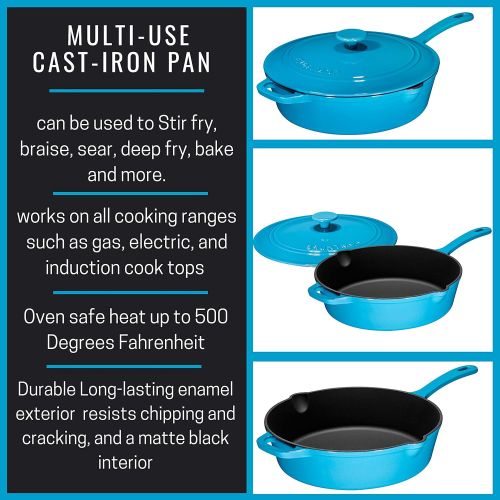  [아마존핫딜][아마존 핫딜] Bruntmor Enameled Cast Iron Skillet Deep Saute Pan with Lid, 12 Inch, Turquoise Blue, Superior Heat Retention