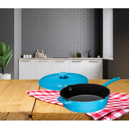  [아마존핫딜][아마존 핫딜] Bruntmor Enameled Cast Iron Skillet Deep Saute Pan with Lid, 12 Inch, Turquoise Blue, Superior Heat Retention