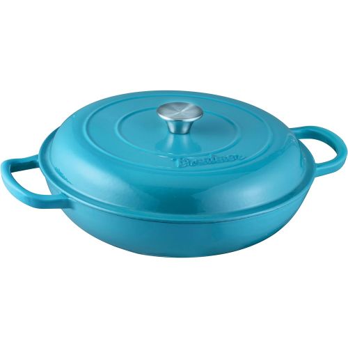  [아마존베스트]Bruntmor Enameled Cast Iron Shallow Casserole Braiser Pan with Cover, Cast Iron Covered Casserole Skillet 3.8-Quart, Marine Blue