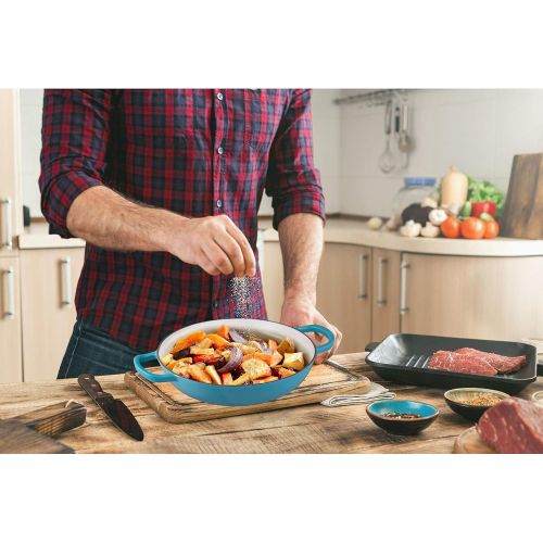  [아마존베스트]Bruntmor Enameled Cast Iron Shallow Casserole Braiser Pan with Cover, Cast Iron Covered Casserole Skillet 3.8-Quart, Marine Blue