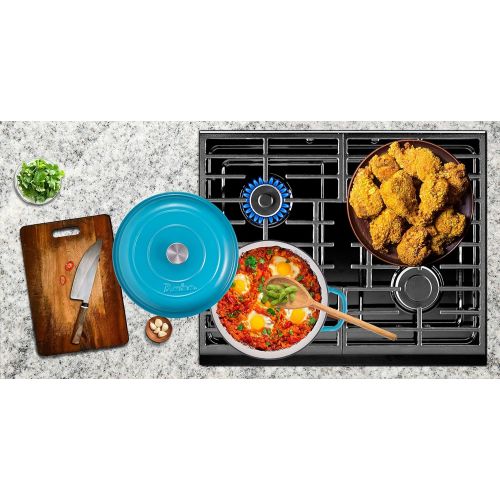  [아마존베스트]Bruntmor Enameled Cast Iron Shallow Casserole Braiser Pan with Cover, Cast Iron Covered Casserole Skillet 3.8-Quart, Marine Blue