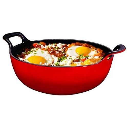  [아마존베스트]Bruntmor Enameled Cast Iron Balti Dish With Wide Loop Handles, 3 Quart, Fire Red