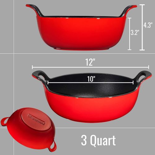  [아마존베스트]Bruntmor Enameled Cast Iron Balti Dish With Wide Loop Handles, 3 Quart, Fire Red