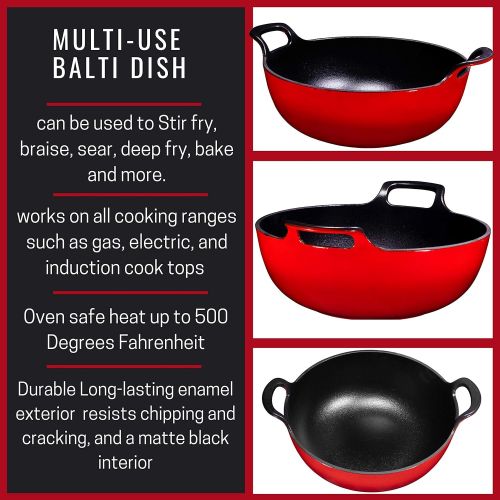  [아마존베스트]Bruntmor Enameled Cast Iron Balti Dish With Wide Loop Handles, 3 Quart, Fire Red