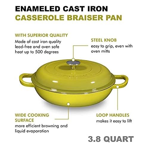 Bruntmor Enameled Cast Iron Casserole Braiser - Pan with Cover, 3.8-Quart, Gradient Red