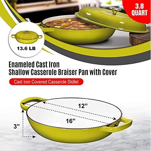  Bruntmor Enameled Cast Iron Casserole Braiser - Pan with Cover, 3.8-Quart, Gradient Red