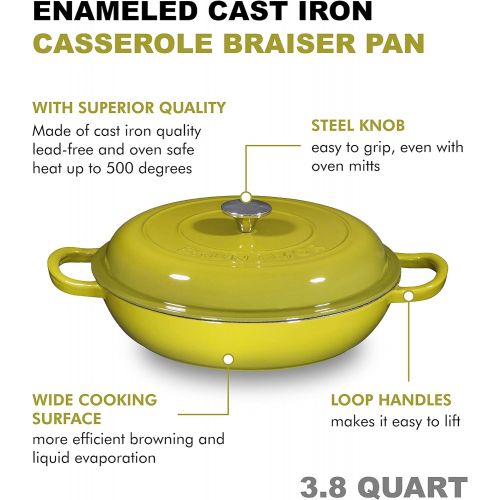  Bruntmor Enameled Cast Iron Casserole Braiser - Pan with Cover, 3.8-Quart, Gradient Red