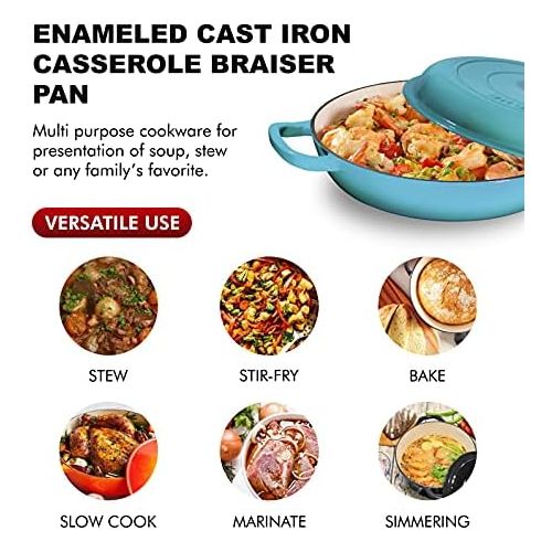  Bruntmor Enameled Cast Iron Shallow Casserole Braiser Pan with Cover, Cast Iron Covered Casserole Skillet 3.8-Quart, Marine Blue