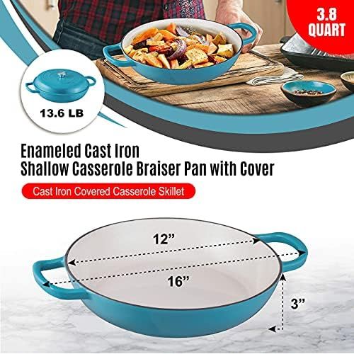  Bruntmor Enameled Cast Iron Shallow Casserole Braiser Pan with Cover, Cast Iron Covered Casserole Skillet 3.8-Quart, Marine Blue