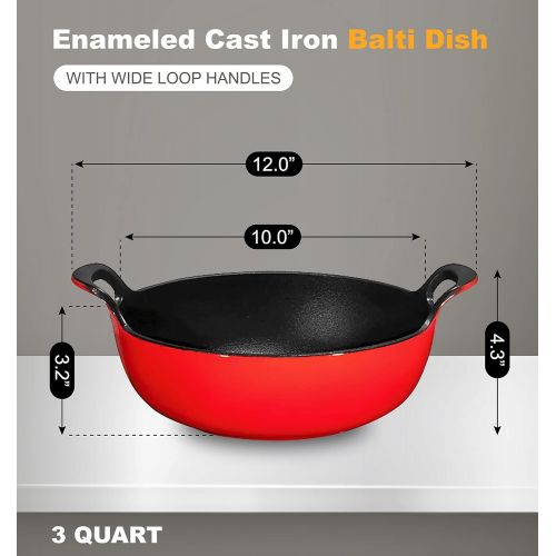  Bruntmor Enameled Cast Iron Balti Dish With Wide Loop Handles, 3 Quart, Fire Red