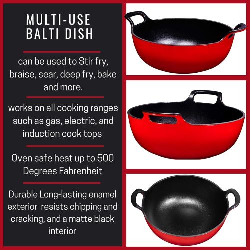  Bruntmor Enameled Cast Iron Balti Dish With Wide Loop Handles, 3 Quart, Fire Red