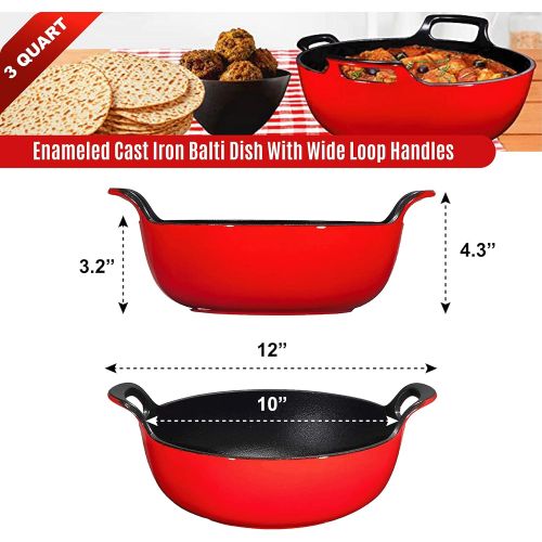  Bruntmor Enameled Cast Iron Balti Dish With Wide Loop Handles, 3 Quart, Fire Red