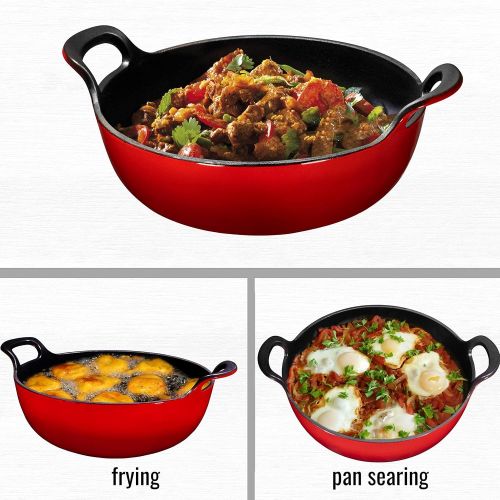  Bruntmor Enameled Cast Iron Balti Dish With Wide Loop Handles, 3 Quart, Fire Red