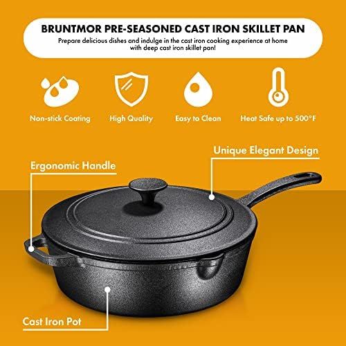  Bruntmor Enameled Cast Iron Skillet Deep Saute Pan with Lid, 12 Inch, Enameled Duke Blue with Black Enameled Interior, Superior Heat Retention