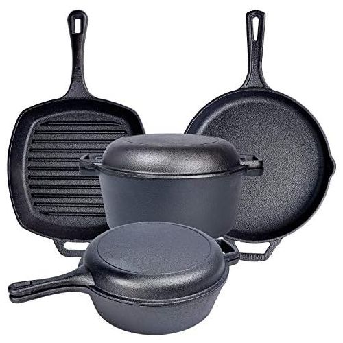  Bruntmor Pre Seasoned Cast Iron 6 Piece Bundle Gift Set, Double Dutch, Multi Cooker, Skillet & Square Grill Pan, Kitchen and Outdoor Camping Cookware/Bakeware Set (6 Piece)