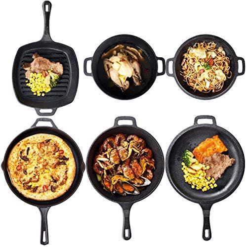  Bruntmor Pre Seasoned Cast Iron 6 Piece Bundle Gift Set, Double Dutch, Multi Cooker, Skillet & Square Grill Pan, Kitchen and Outdoor Camping Cookware/Bakeware Set (6 Piece)