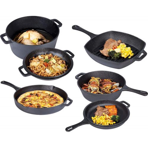  Bruntmor Pre Seasoned Cast Iron 6 Piece Bundle Gift Set, Double Dutch, Multi Cooker, Skillet & Square Grill Pan, Kitchen and Outdoor Camping Cookware/Bakeware Set (6 Piece)