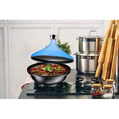  Bruntmor Blue Cast Iron Moroccan Tagine 4-Quart Cooking Pot with Silver knob, Enameled Base and Cone-Shaped Ceramic Lid, Good for Baking and Frying, Oven and Dishwasher safe