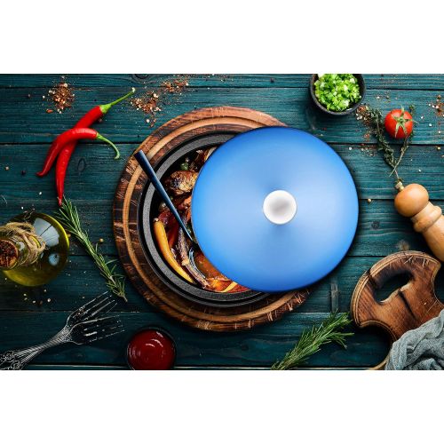  Bruntmor Blue Cast Iron Moroccan Tagine 4-Quart Cooking Pot with Silver knob, Enameled Base and Cone-Shaped Ceramic Lid, Good for Baking and Frying, Oven and Dishwasher safe