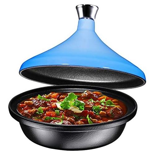  Bruntmor Blue Cast Iron Moroccan Tagine 4-Quart Cooking Pot with Silver knob, Enameled Base and Cone-Shaped Ceramic Lid, Good for Baking and Frying, Oven and Dishwasher safe