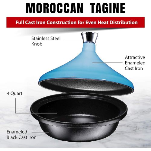  Bruntmor Blue Cast Iron Moroccan Tagine 4-Quart Cooking Pot with Silver knob, Enameled Base and Cone-Shaped Ceramic Lid, Good for Baking and Frying, Oven and Dishwasher safe