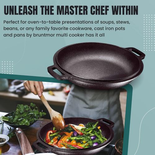  Bruntmor Pre-Seasoned 2 In 1 Cast Iron Pan 5 Quart Double Dutch Oven Set and Domed 10 inch 1.6 Quart Skillet Lid, Open Fire Stovetop Camping Dutch Oven, Non-Stick