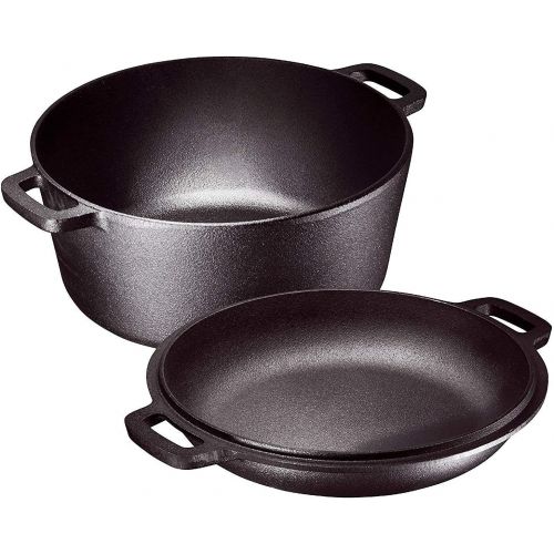  Bruntmor Pre-Seasoned 2 In 1 Cast Iron Pan 5 Quart Double Dutch Oven Set and Domed 10 inch 1.6 Quart Skillet Lid, Open Fire Stovetop Camping Dutch Oven, Non-Stick