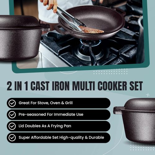  Bruntmor Pre-Seasoned 2 In 1 Cast Iron Pan 5 Quart Double Dutch Oven Set and Domed 10 inch 1.6 Quart Skillet Lid, Open Fire Stovetop Camping Dutch Oven, Non-Stick