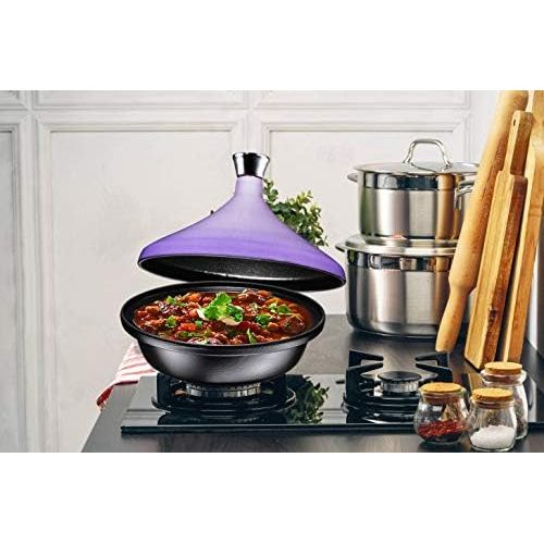  Bruntmor Cast Iron Tangine Pot with a Silver knob, Enameled Cast Iron Base and Cone-Shaped Ceramic Lid, 4-Quart Moroccan Tangine Cooking, Baking, Frying Pot, Oven and Dishwasher safe, Purpl