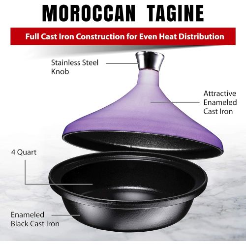  Bruntmor Cast Iron Tangine Pot with a Silver knob, Enameled Cast Iron Base and Cone-Shaped Ceramic Lid, 4-Quart Moroccan Tangine Cooking, Baking, Frying Pot, Oven and Dishwasher safe, Purpl