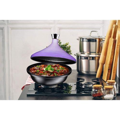  Bruntmor Cast Iron Tangine Pot with a Silver knob, Enameled Cast Iron Base and Cone-Shaped Ceramic Lid, 4-Quart Moroccan Tangine Cooking, Baking, Frying Pot, Oven and Dishwasher safe, Purpl