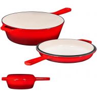 Enameled Red 2-In-1 Cast Iron Multi-Cooker By Bruntmor ? Heavy Duty 3 Quart Deep Skillet and Lid Set, Versatile Healthy Design, Non-Stick Kitchen Cookware, Use As Dutch Oven Frying