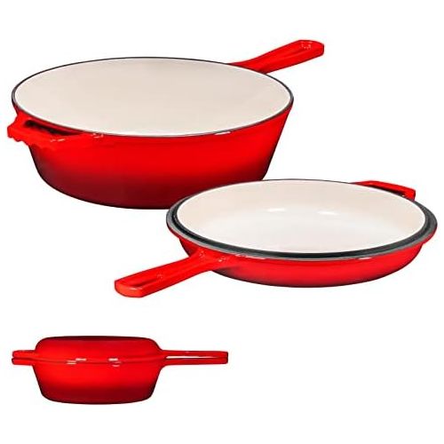  Enameled Red 2-In-1 Cast Iron Multi-Cooker By Bruntmor ? Heavy Duty 3 Quart Deep Skillet and Lid Set, Versatile Healthy Design, Non-Stick Kitchen Cookware, Use As Dutch Oven Frying