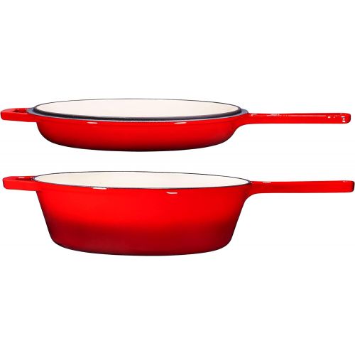  Enameled Red 2-In-1 Cast Iron Multi-Cooker By Bruntmor ? Heavy Duty 3 Quart Deep Skillet and Lid Set, Versatile Healthy Design, Non-Stick Kitchen Cookware, Use As Dutch Oven Frying