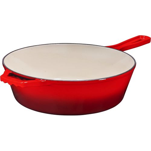  Enameled Red 2-In-1 Cast Iron Multi-Cooker By Bruntmor ? Heavy Duty 3 Quart Deep Skillet and Lid Set, Versatile Healthy Design, Non-Stick Kitchen Cookware, Use As Dutch Oven Frying