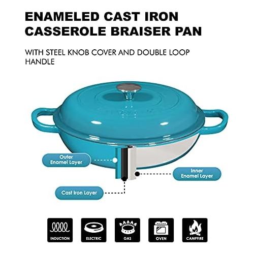  Bruntmor Enameled Cast Iron Cookware Shallow Casserole Braiser Pan, with Steel Knob Cover and Double Loop Handle, Round Cast Iron Covered Casserole Skillet with lid for Oven, 3.8-Q