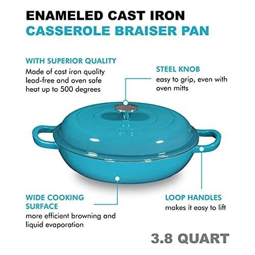  Bruntmor Enameled Cast Iron Cookware Shallow Casserole Braiser Pan, with Steel Knob Cover and Double Loop Handle, Round Cast Iron Covered Casserole Skillet with lid for Oven, 3.8-Q