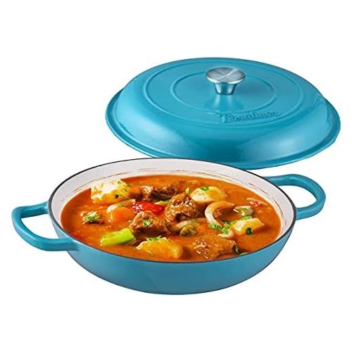  Bruntmor Enameled Cast Iron Cookware Shallow Casserole Braiser Pan, with Steel Knob Cover and Double Loop Handle, Round Cast Iron Covered Casserole Skillet with lid for Oven, 3.8-Q