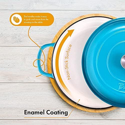  Bruntmor Enameled Cast Iron Cookware Shallow Casserole Braiser Pan, with Steel Knob Cover and Double Loop Handle, Round Cast Iron Covered Casserole Skillet with lid for Oven, 3.8-Q