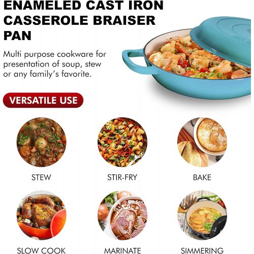  Bruntmor Enameled Cast Iron Cookware Shallow Casserole Braiser Pan, with Steel Knob Cover and Double Loop Handle, Round Cast Iron Covered Casserole Skillet with lid for Oven, 3.8-Q