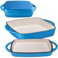 Bruntmor 2 In 1 Enameled Square Cast Iron Baking Pan, Cookware Dish With Grill Lid, 11-inch Multi Baker Casserole Dish, Lasagna Pan, Blue Whale