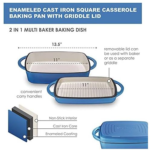  Bruntmor 2 In 1 Enameled Square Cast Iron Baking Pan, Cookware Dish With Grill Lid, 11-inch Multi Baker Casserole Dish, Lasagna Pan, Blue Whale