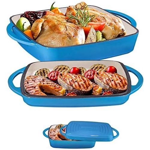  Bruntmor 2 In 1 Enameled Square Cast Iron Baking Pan, Cookware Dish With Grill Lid, 11-inch Multi Baker Casserole Dish, Lasagna Pan, Blue Whale